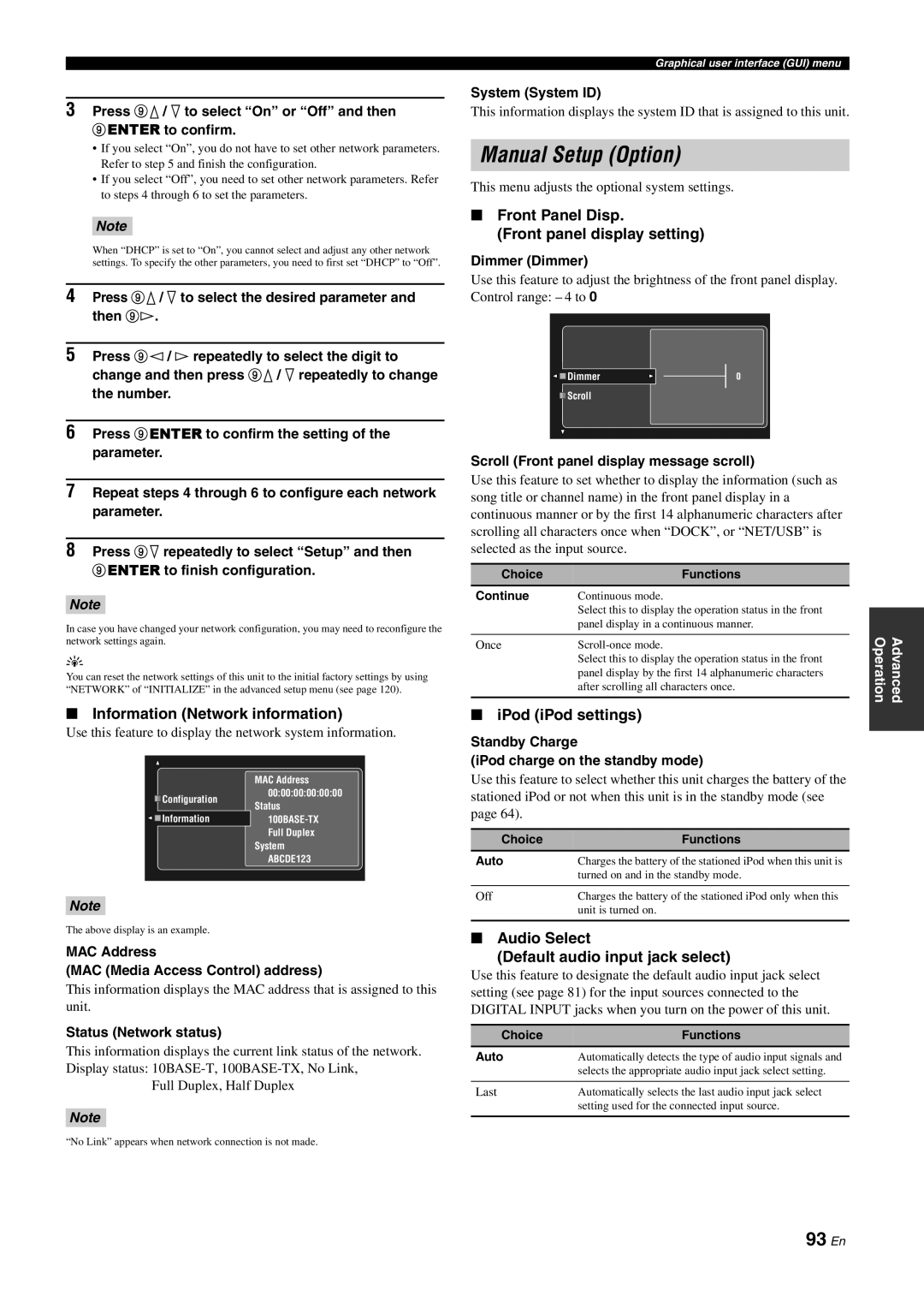 Yamaha DSP-Z11 Manual Setup Option, 93 En, Information Network information, Front Panel Disp Front panel display setting 