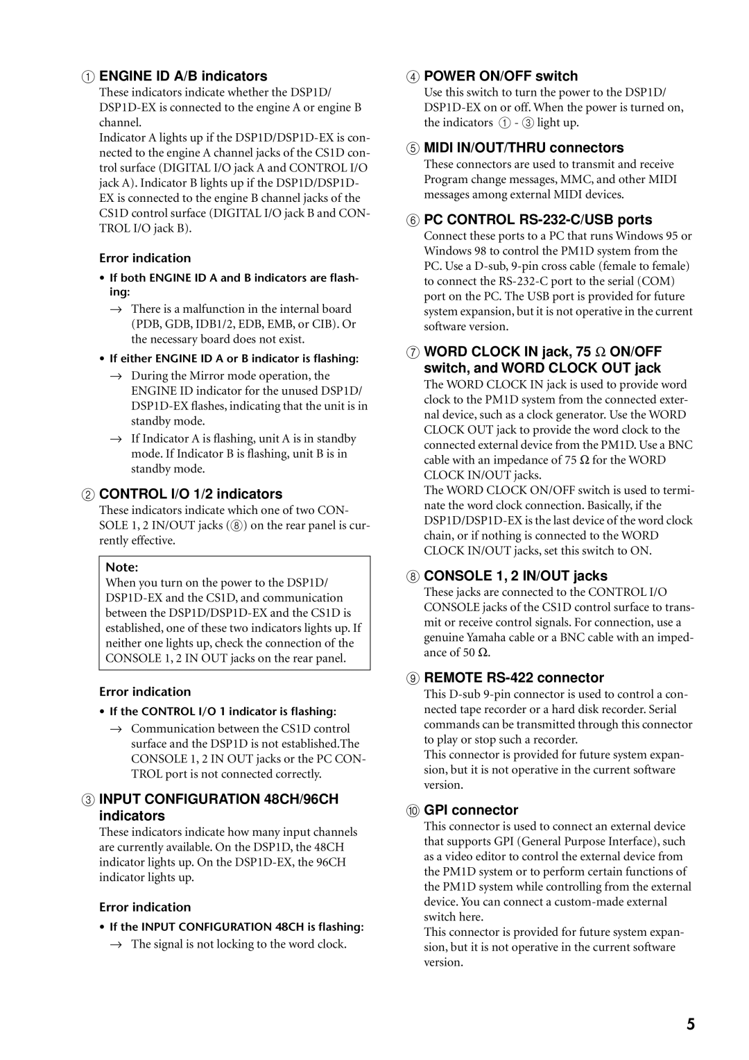 Yamaha DSP1D-EX owner manual Engine ID A/B indicators, Control I/O 1/2 indicators, Input Configuration 48CH/96CH indicators 