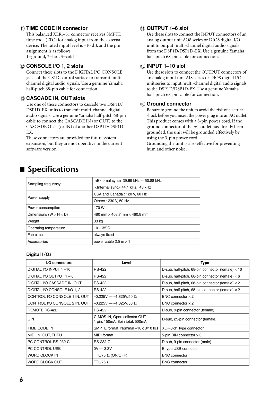 Yamaha DSP1D-EX owner manual Speciﬁcations 