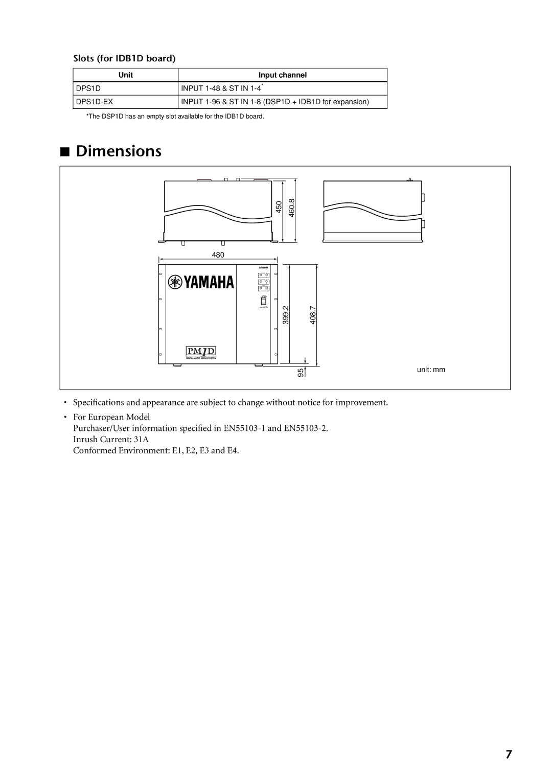 Yamaha DSP1D-EX owner manual Dimensions, Slots for IDB1D board, Unit Input channel, DPS1D-EX 