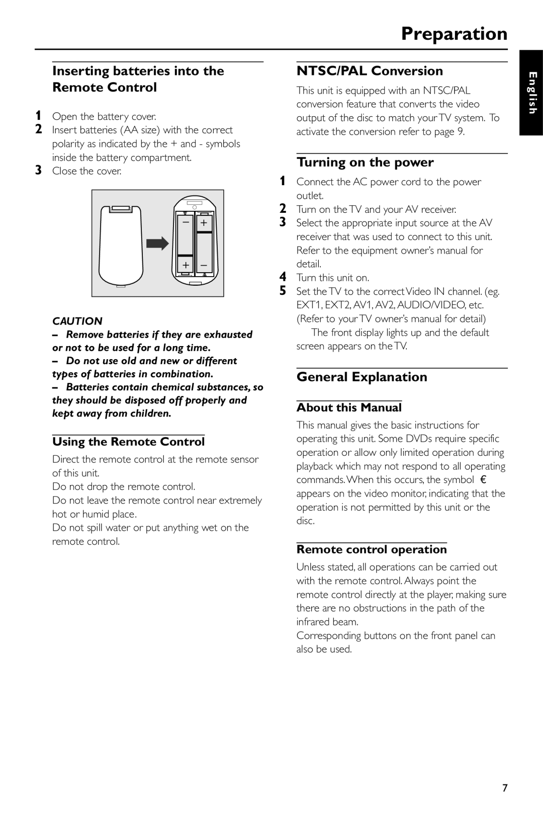 Yamaha DV-S5550 owner manual Inserting batteries into the Remote Control, NTSC/PAL Conversion, Turning on the power 