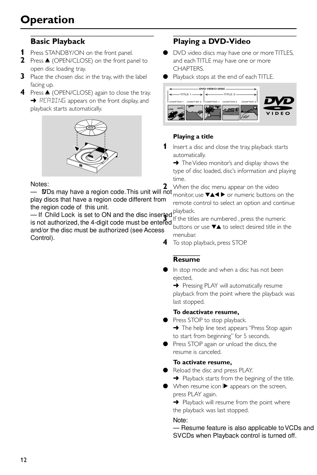 Yamaha DV-S5550 owner manual Operation, Basic Playback, Playing a DVD-Video, Resume 