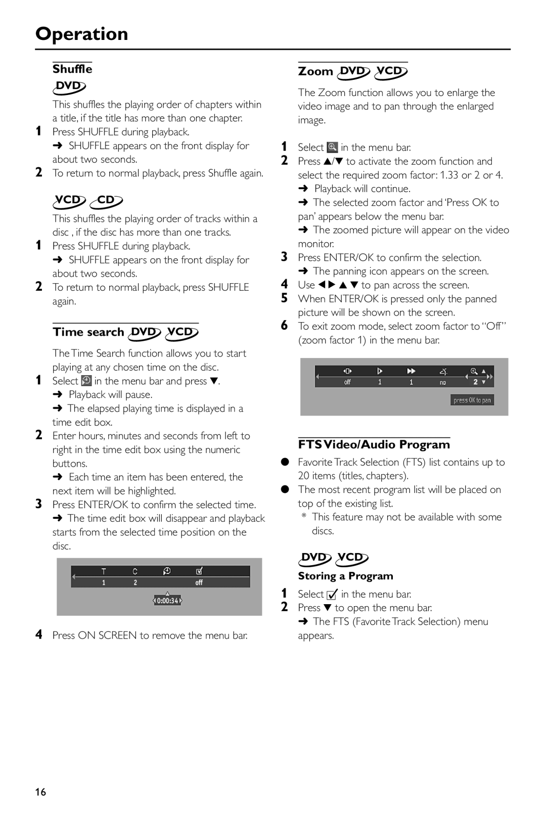 Yamaha DV-S5550 owner manual Shuffle, Time search DVD VCD, FTS Video/Audio Program, Zoom DVD VCD, Storing a Program 