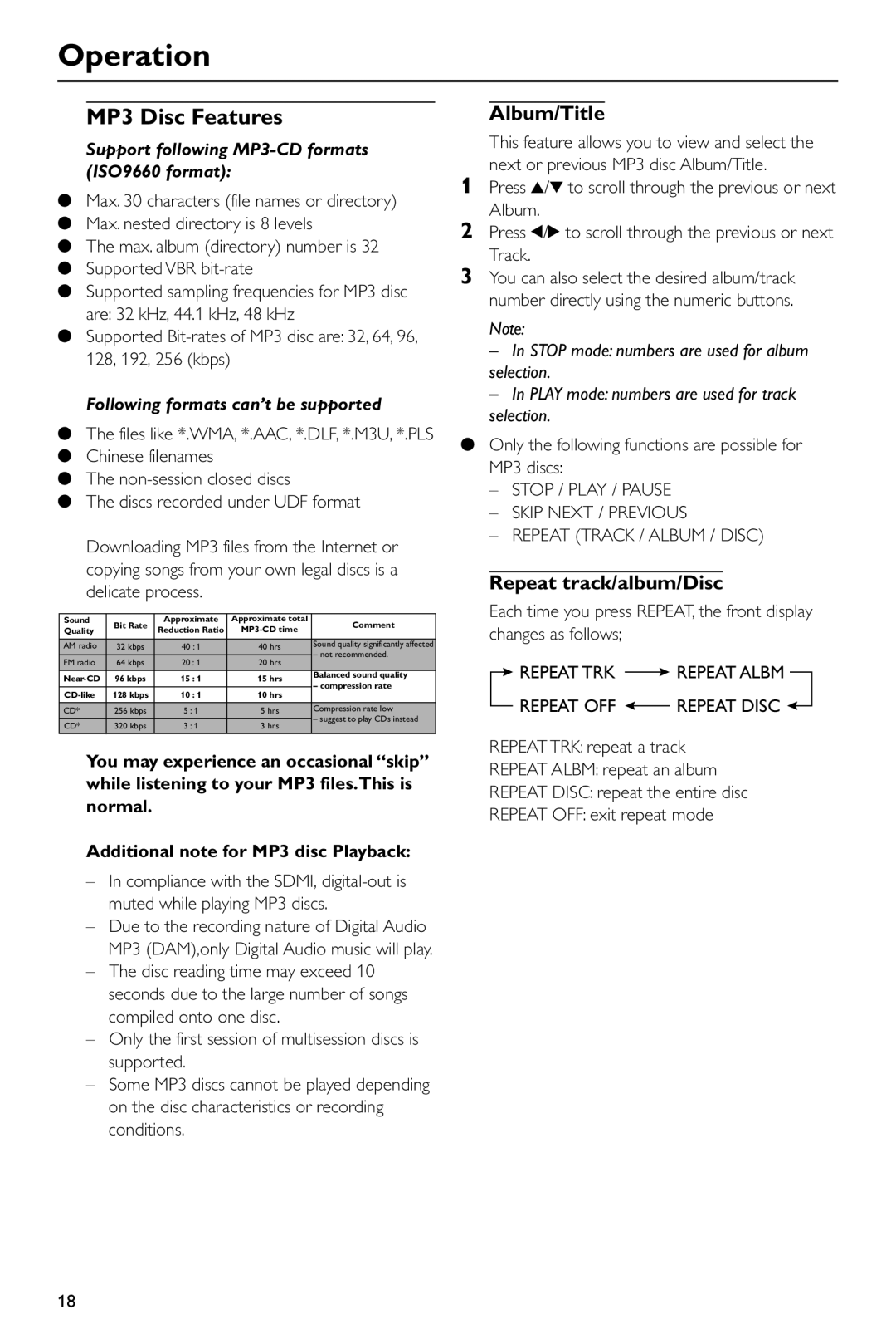 Yamaha DV-S5550 owner manual MP3 Disc Features, Album/Title, Repeat track/album/Disc 