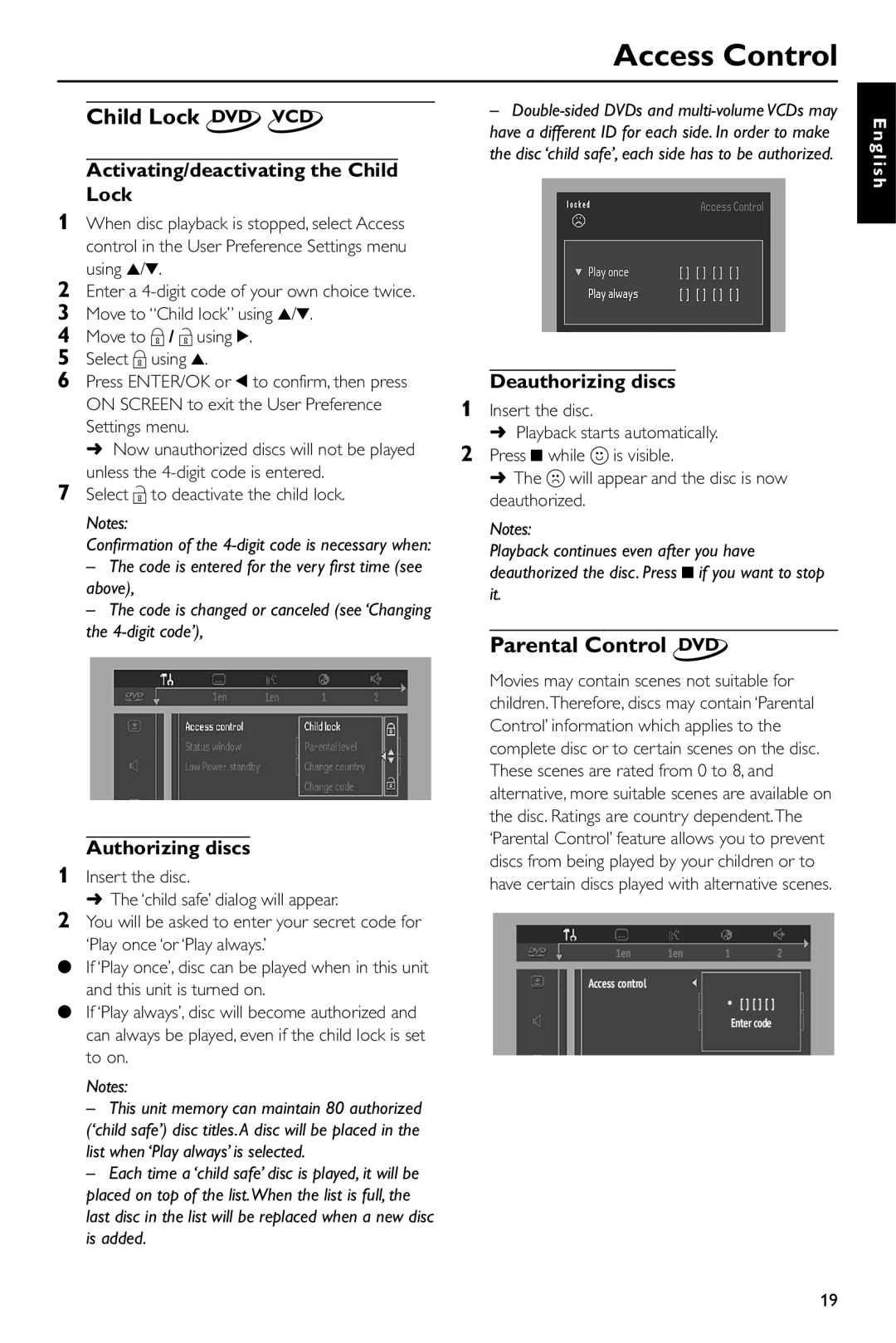 Yamaha DV-S5550 owner manual Access Control, Child Lock DVD VCD, Parental Control DVD 