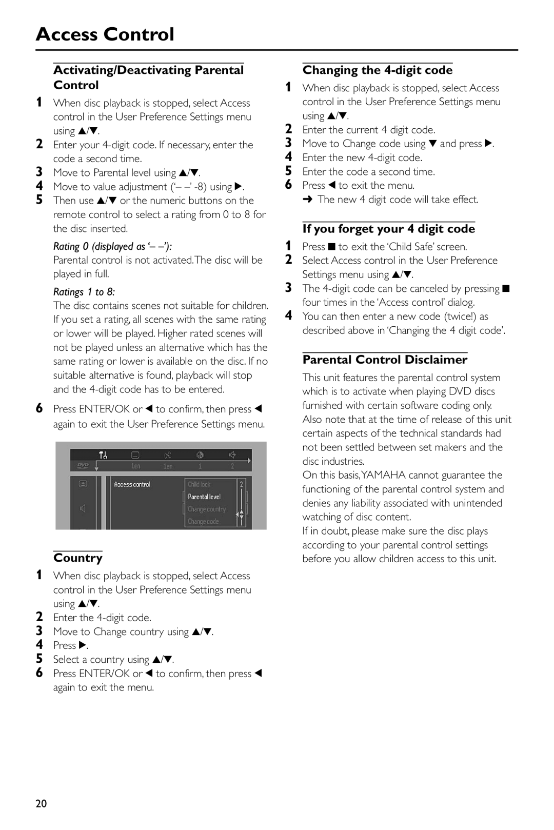 Yamaha DV-S5550 Activating/Deactivating Parental Control, Country, Changing the 4-digit code, Parental Control Disclaimer 