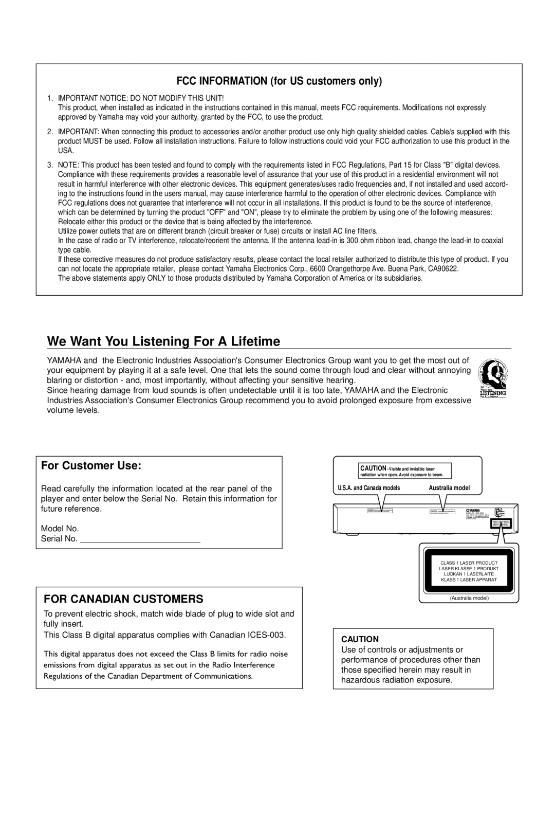 Yamaha DV-S5550 owner manual We Want You Listening For a Lifetime 