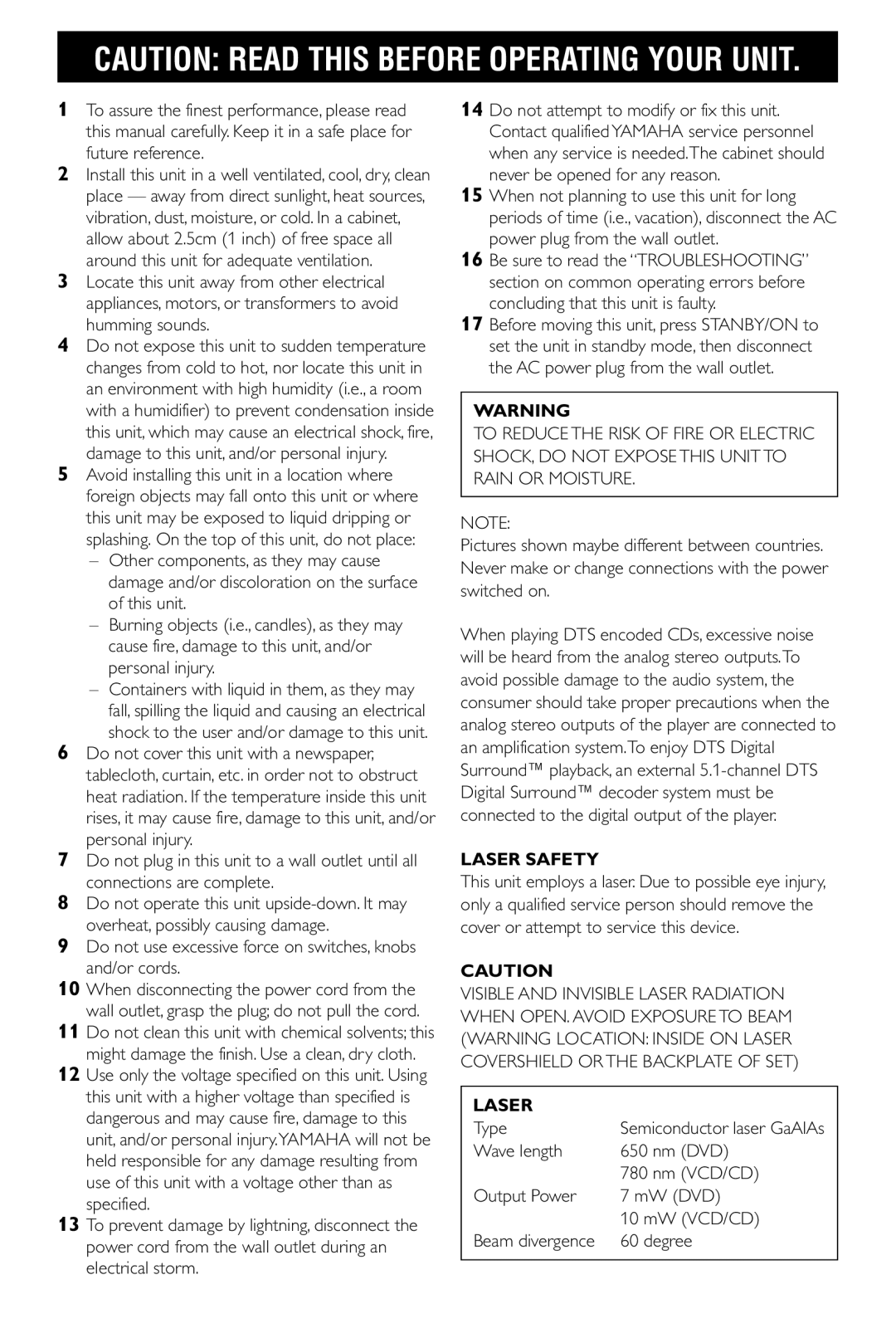 Yamaha DV-S5550 owner manual Do not use excessive force on switches, knobs and/or cords, Laser Safety, Type 