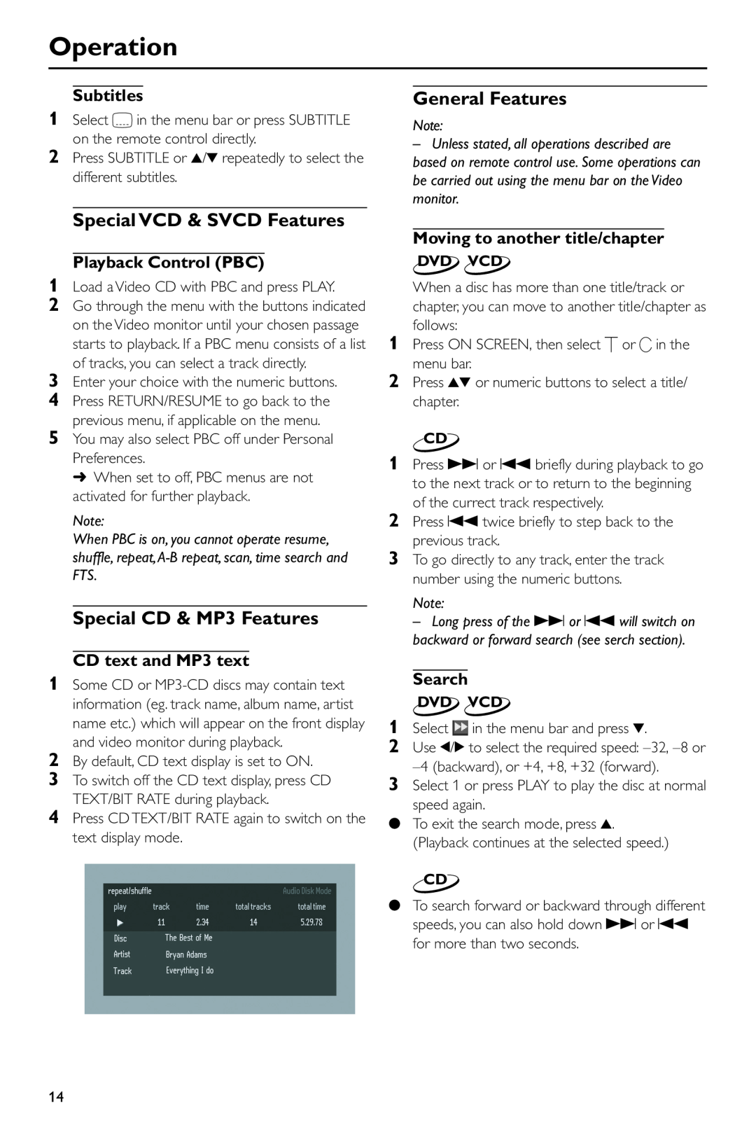 Yamaha DV-S5550 Special VCD & SVCD Features, Special CD & MP3 Features, General Features, Subtitles, Playback Control PBC 