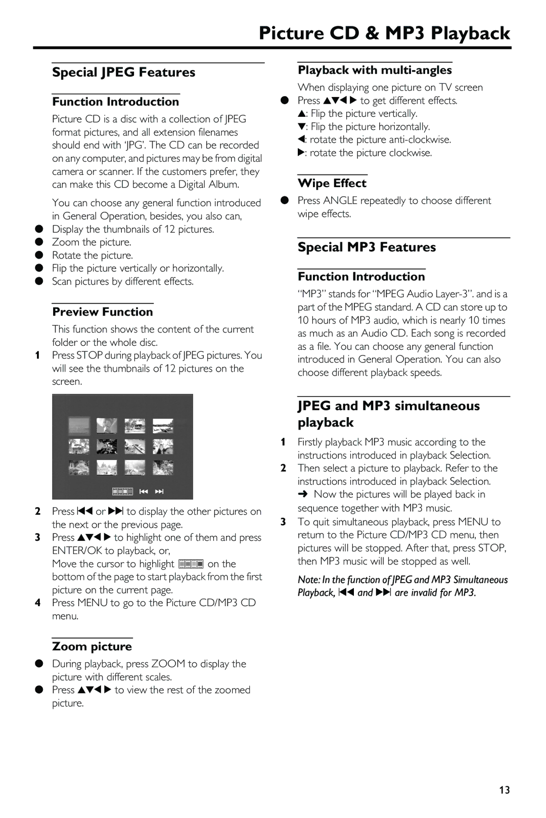 Yamaha DV-S5650 owner manual Special Jpeg Features, Special MP3 Features, Jpeg and MP3 simultaneous playback 