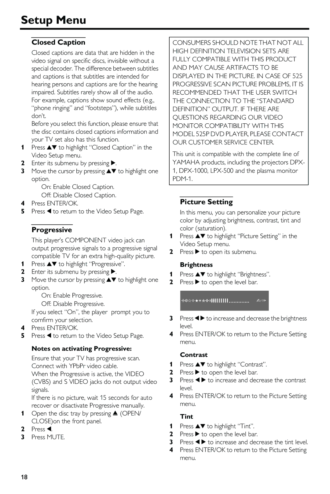 Yamaha DV-S5650 owner manual Closed Caption, Progressive, Picture Setting 