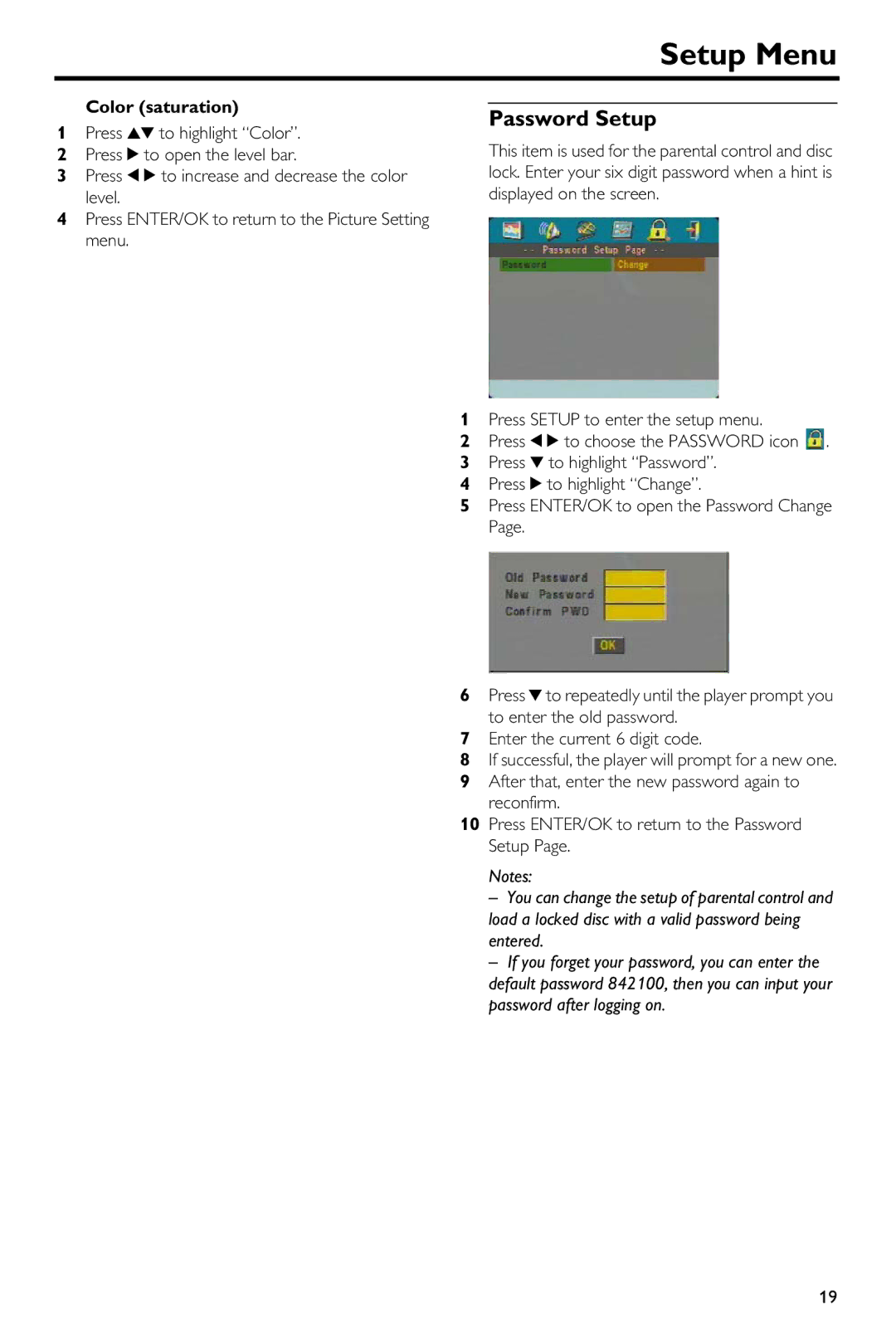 Yamaha DV-S5650 owner manual Password Setup, Color saturation 