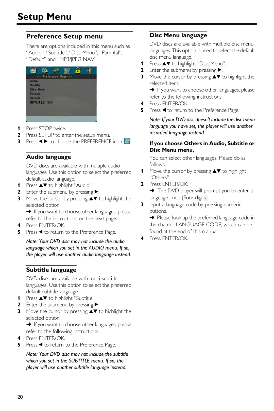 Yamaha DV-S5650 owner manual Preference Setup menu, Audio language, Subtitle language, Disc Menu language 