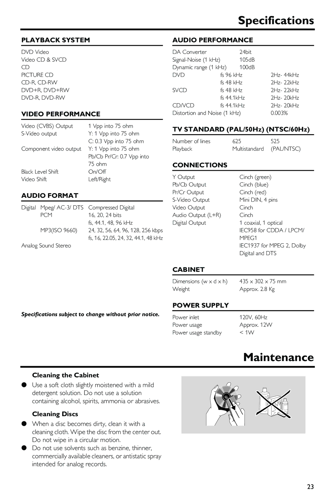 Yamaha DV-S5650 owner manual Specifications, Maintenance 