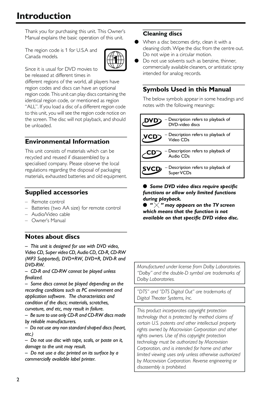 Yamaha DV-S5650 owner manual Introduction, Symbols Used in this Manual, Environmental Information, Supplied accessories 