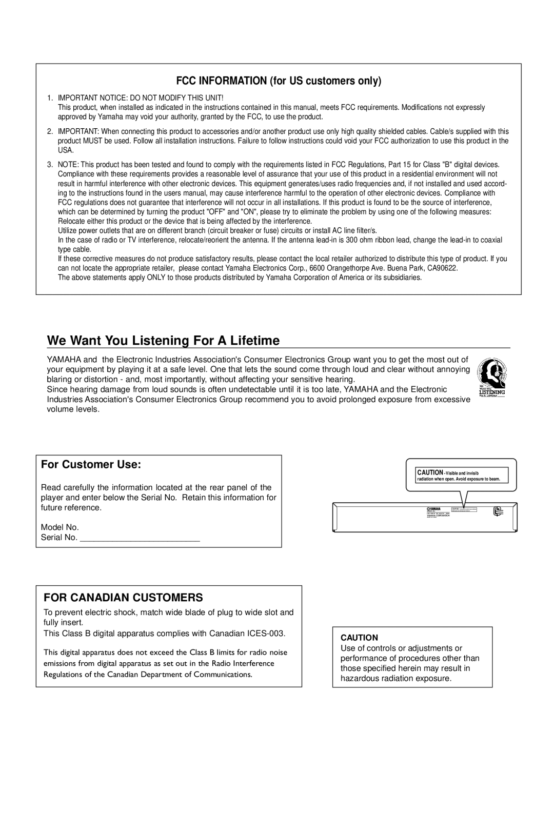 Yamaha DV-S5650 owner manual FCC INFORMATION for US customers only, For Customer Use, For Canadian Customers 