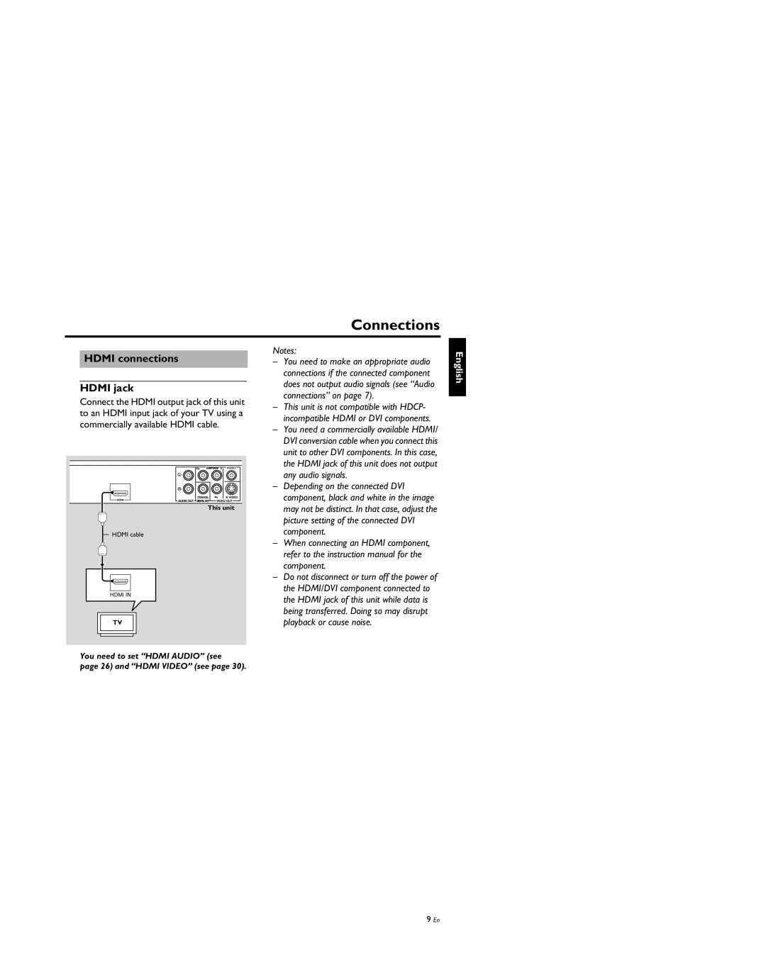 Yamaha DV-S5950 manual Hdmi connections Hdmi jack, You need to set Hdmi Audio see 26 and Hdmi Video see 