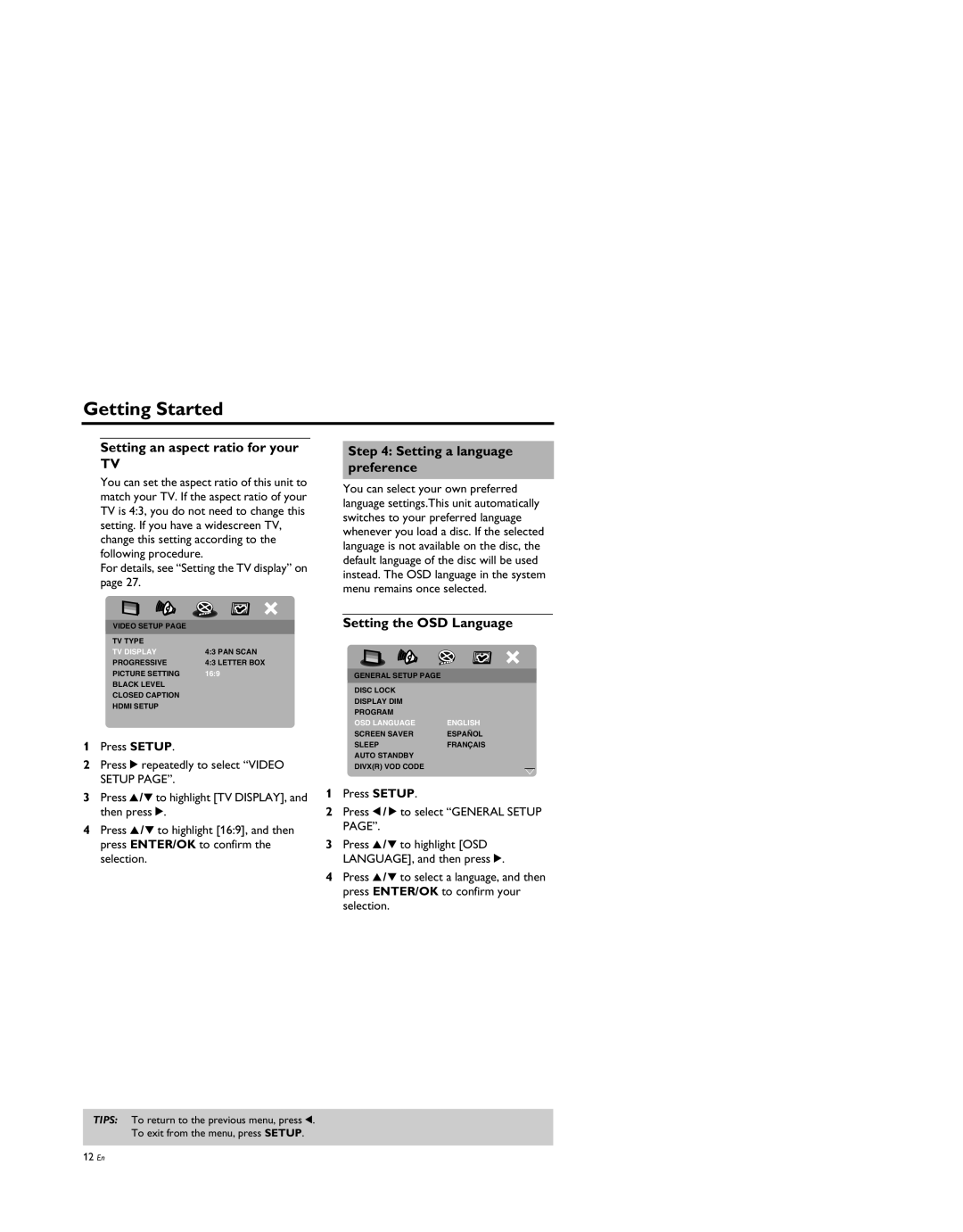 Yamaha DV-S5950 manual Setting an aspect ratio for your, Setting a language preference, Setting the OSD Language 