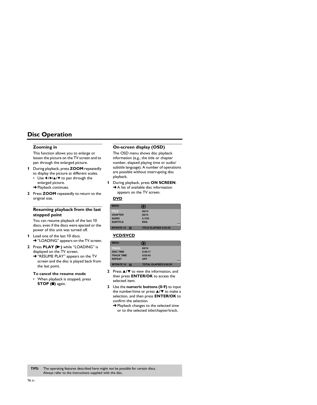 Yamaha DV-S5950 manual Zooming, Resuming playback from the last stopped point, On-screen display OSD, Dvd, Vcd/Svcd 