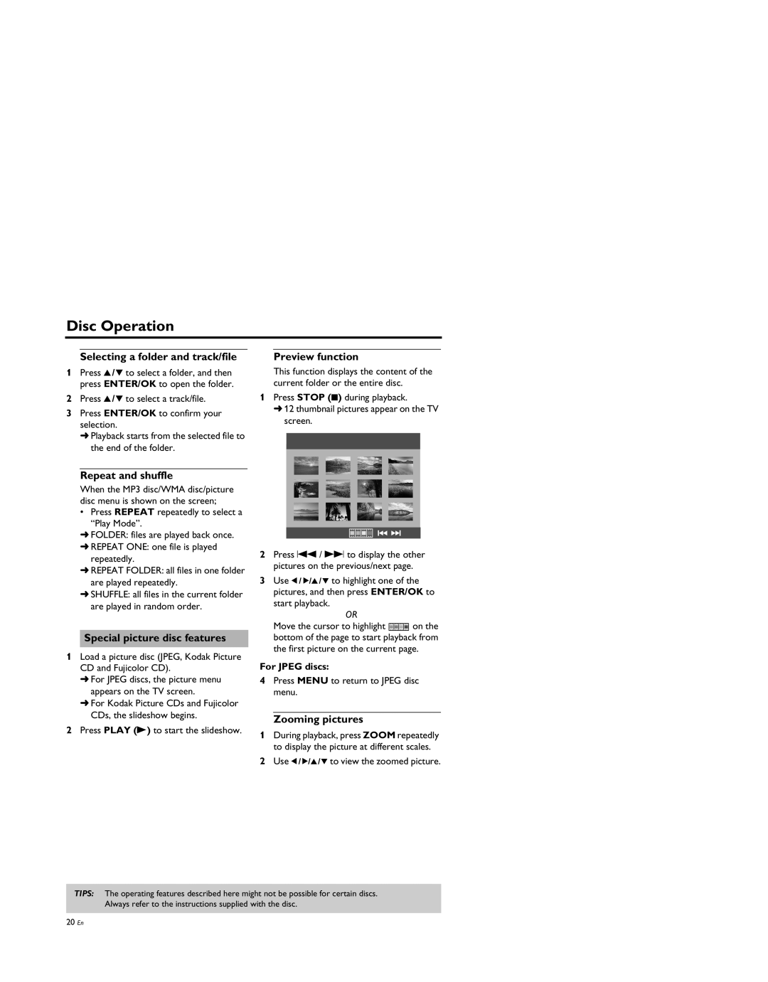 Yamaha DV-S5950 manual Selecting a folder and track/file, Special picture disc features, Zooming pictures, For Jpeg discs 