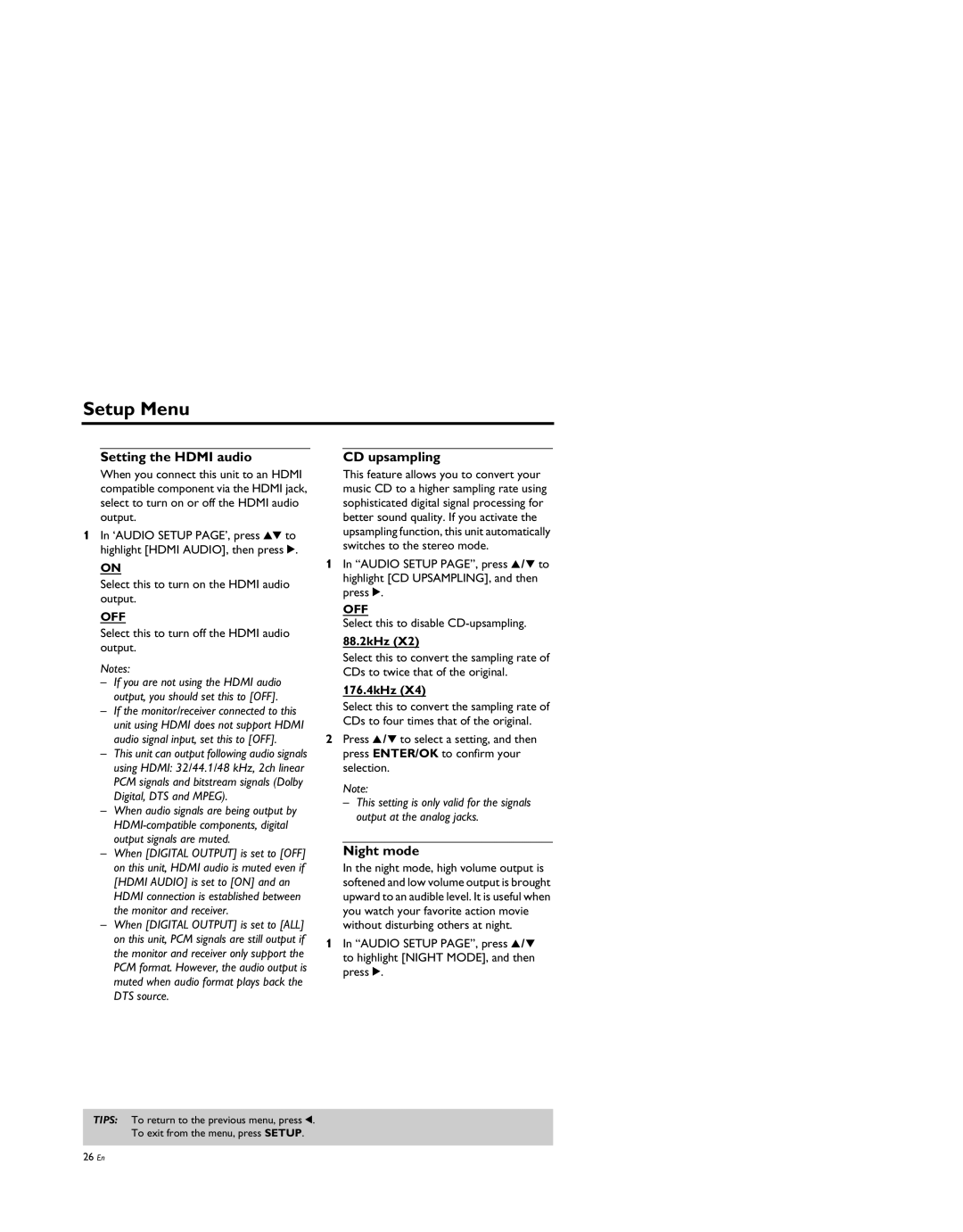 Yamaha DV-S5950 manual Setting the Hdmi audio, CD upsampling, Night mode, 88.2kHz, 176.4kHz 