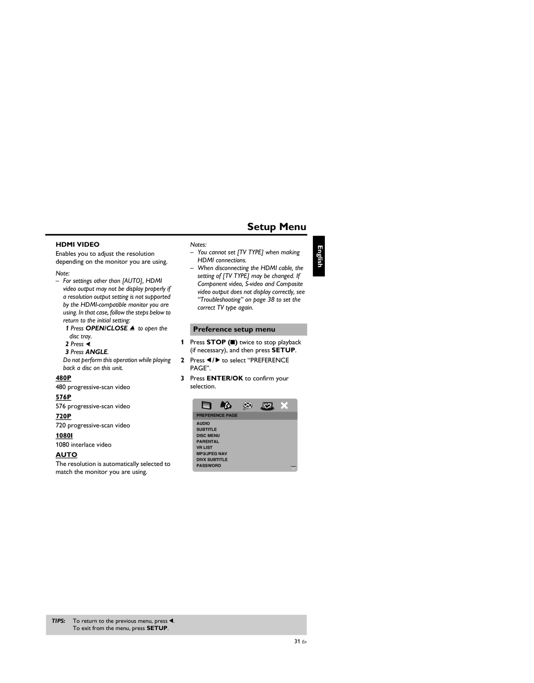 Yamaha DV-S5950 manual Preference setup menu, Hdmi Video, Auto 