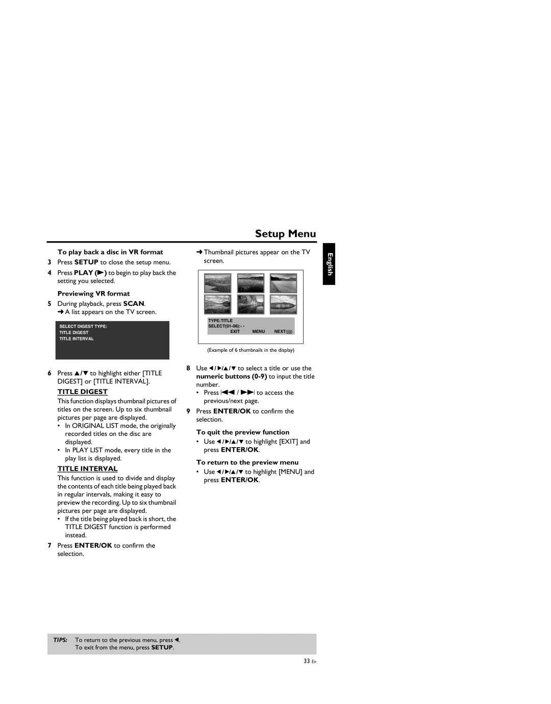 Yamaha DV-S5950 manual To play back a disc in VR format, Previewing VR format, Title Digest, Title Interval 