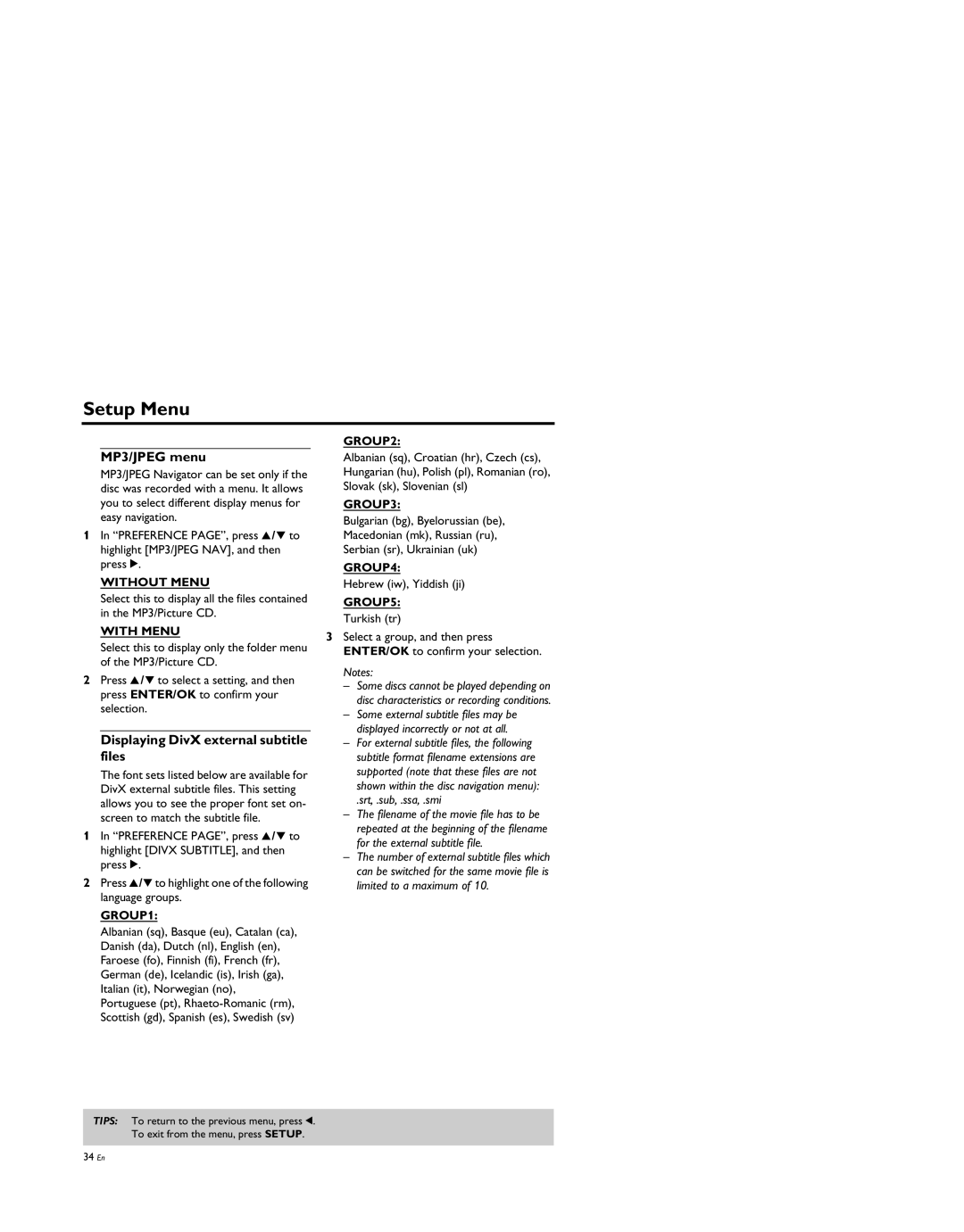 Yamaha DV-S5950 manual MP3/JPEG menu, Displaying DivX external subtitle files 