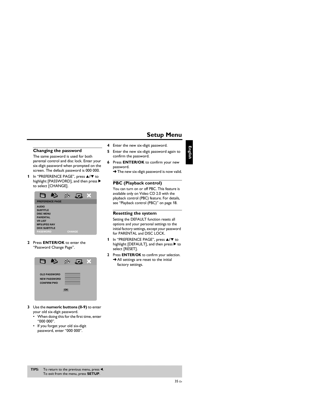 Yamaha DV-S5950 manual Changing the password, PBC Playback control, Resetting the system 