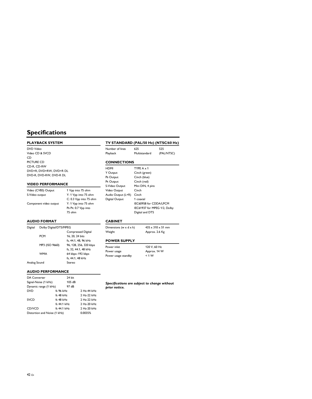 Yamaha DV-S5950 manual Specifications, Playback System 