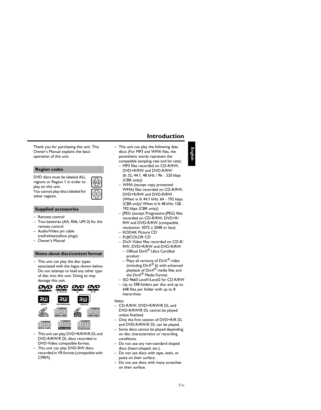 Yamaha DV-S5950 manual Introduction, Region codes, Supplied accessories 