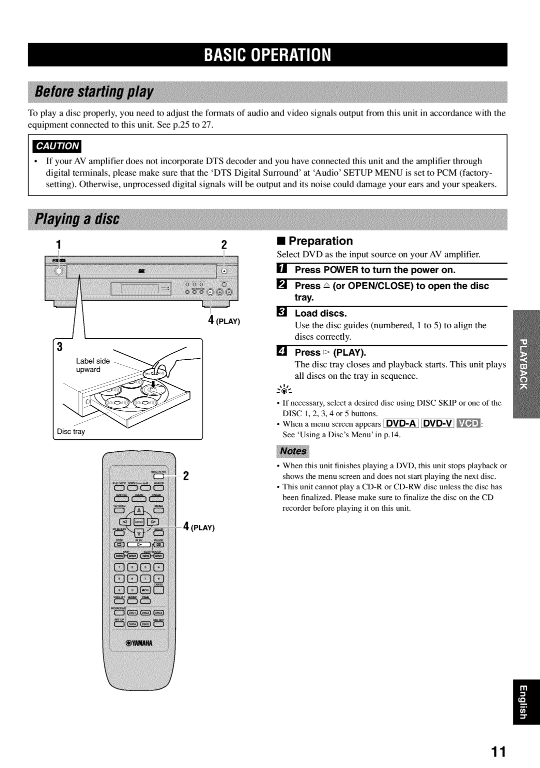 Yamaha DVD-C920 owner manual Preparation, To turn Power Press, To open Disc Tray Load Discs 