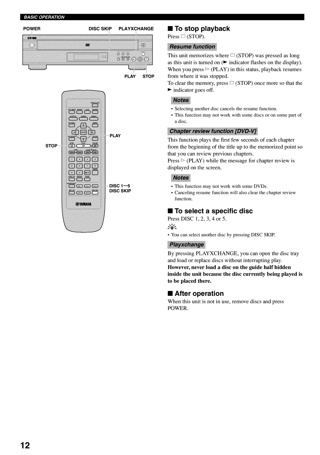 Yamaha DVD-C920 owner manual To stop playback, To select a specific disc, After operation 