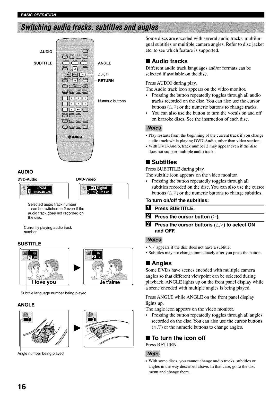 Yamaha DVD-C920 owner manual Ove you Jetaime, Audio tracks, Subtitles, Angles, To turn the icon off 