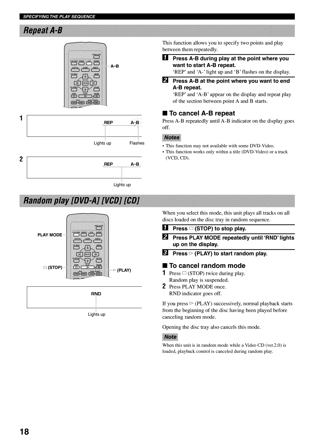 Yamaha DVD-C920 owner manual To cancel A-B repeat, To cancel random mode 