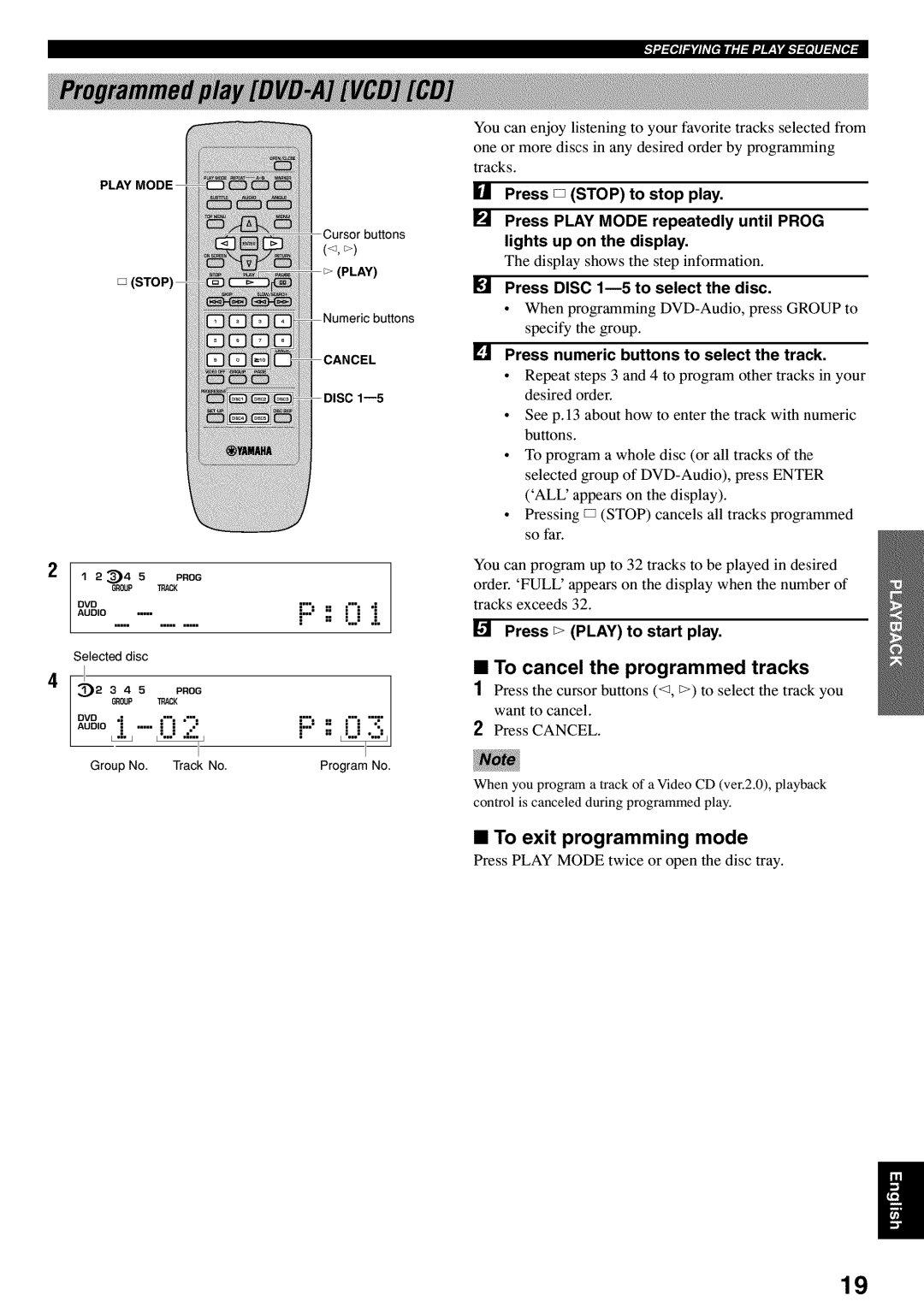 Yamaha DVD-C920 owner manual To cancel the programmed tracks, To exit programming mode, Press Disc l m5 to select the disc 