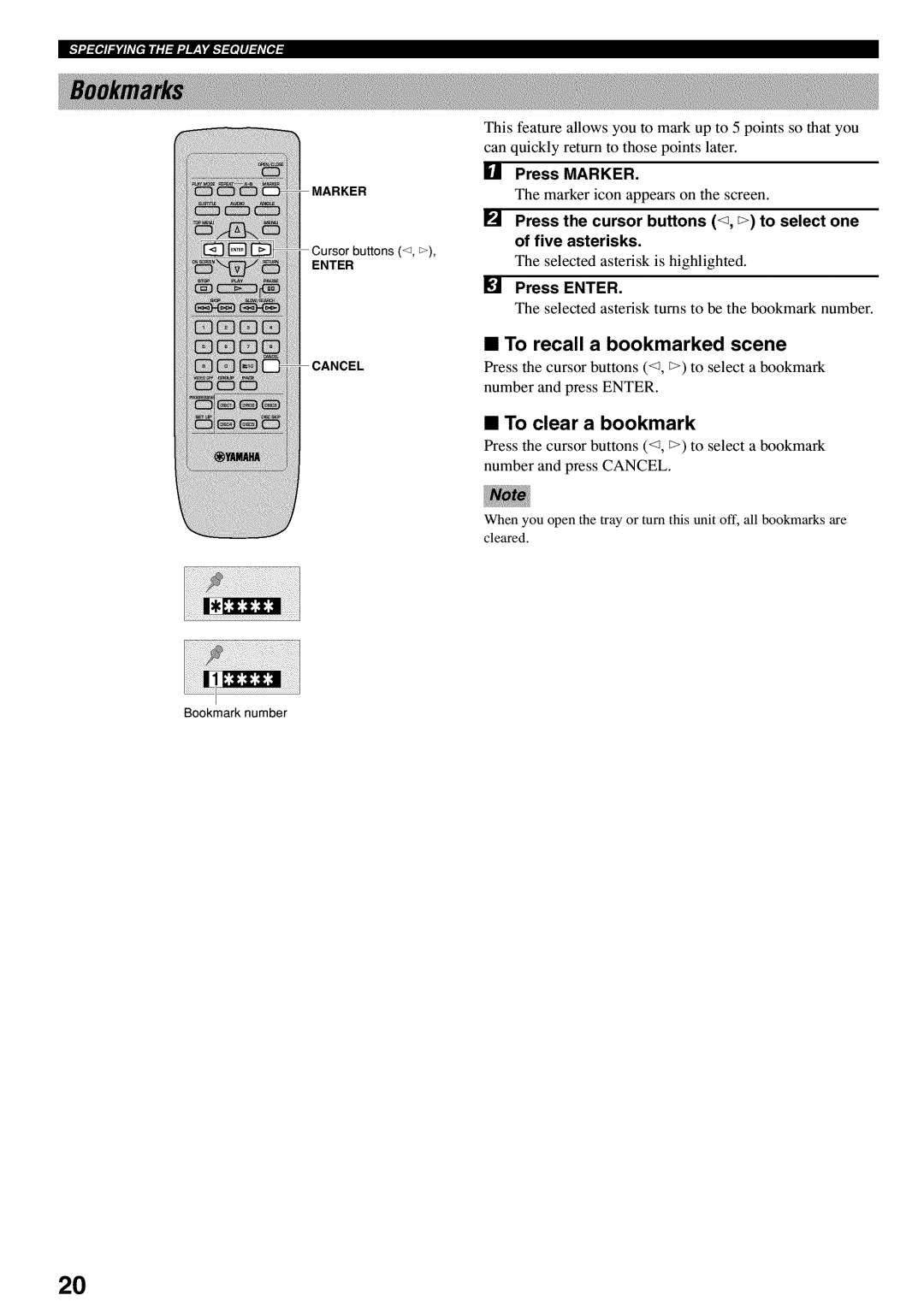 Yamaha DVD-C920 owner manual To recall a bookmarked scene, To clear a bookmark, Press Marker, Press Enter 