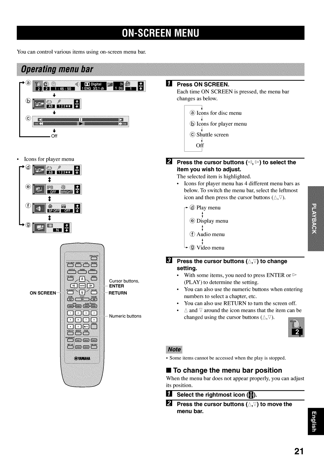 Yamaha DVD-C920 owner manual To change the menu bar position, Press the cursor buttons A,V to change setting 