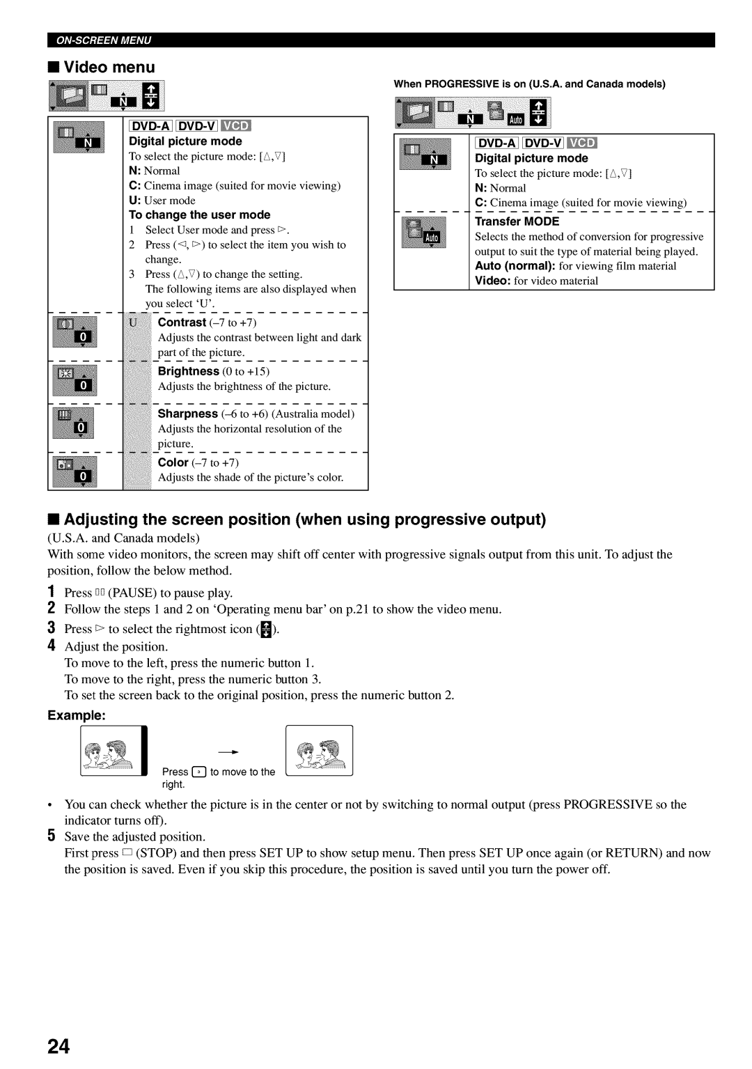 Yamaha DVD-C920 Adjusting the screen position when using progressive output, Digital picture mode, To change the user mode 