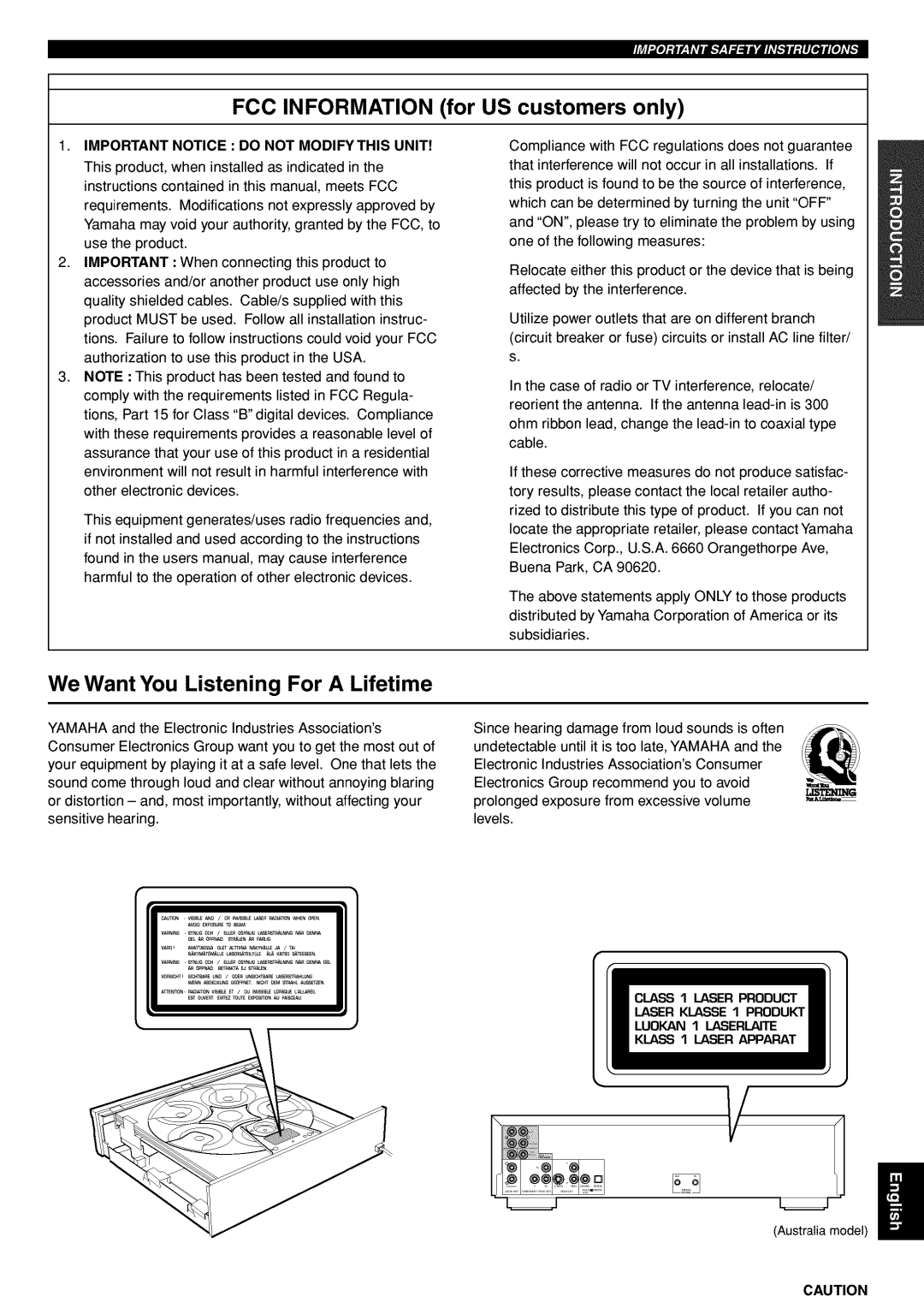 Yamaha DVD-C920 owner manual FCC Information for US customers only 