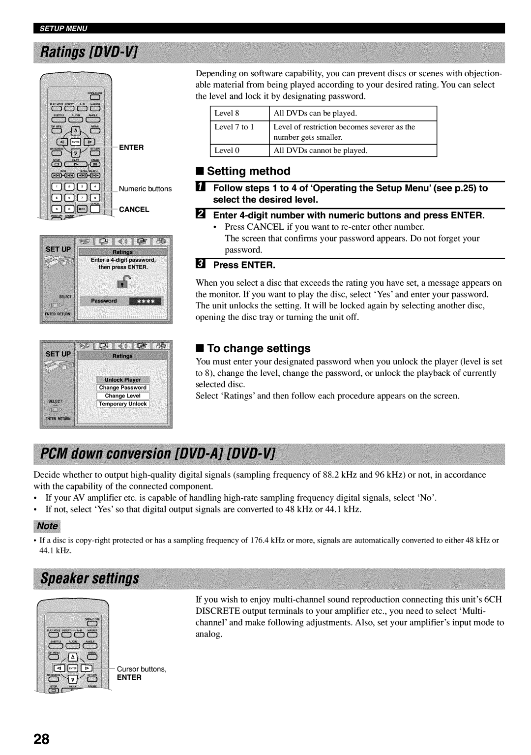 Yamaha DVD-C920 owner manual Setting method, To change settings, Enter 4-digit number with numeric buttons and press Enter 