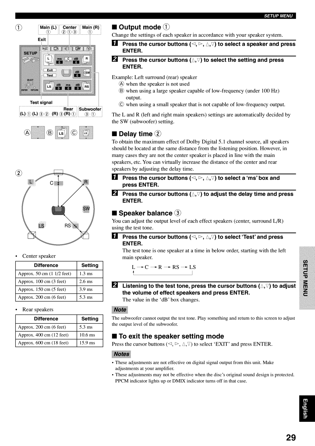 Yamaha DVD-C920 owner manual Output mode @, Delay time @, Speaker balance @, To exit the speaker setting mode 