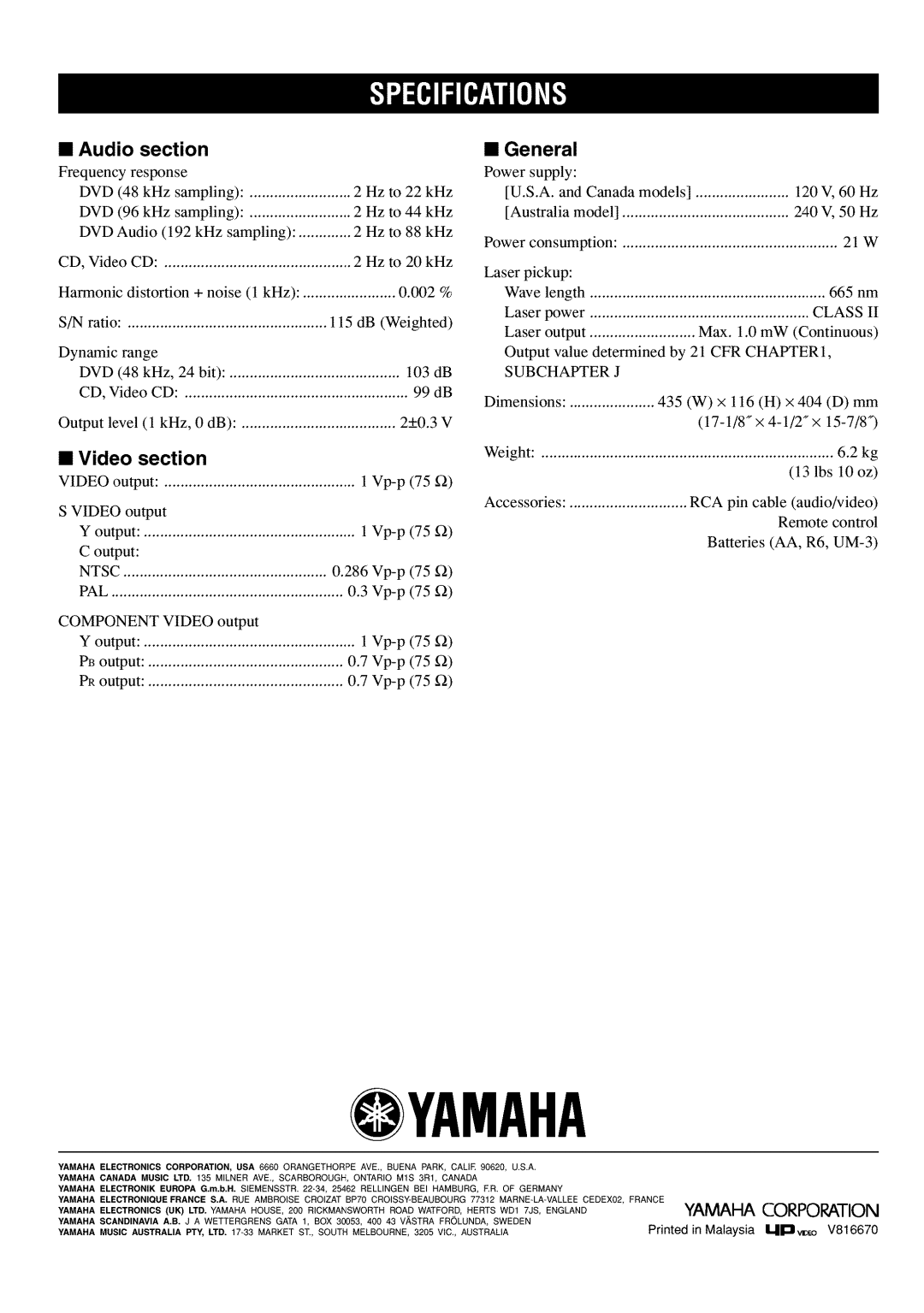 Yamaha DVD-C920 owner manual Audio Section, Video Section, General 