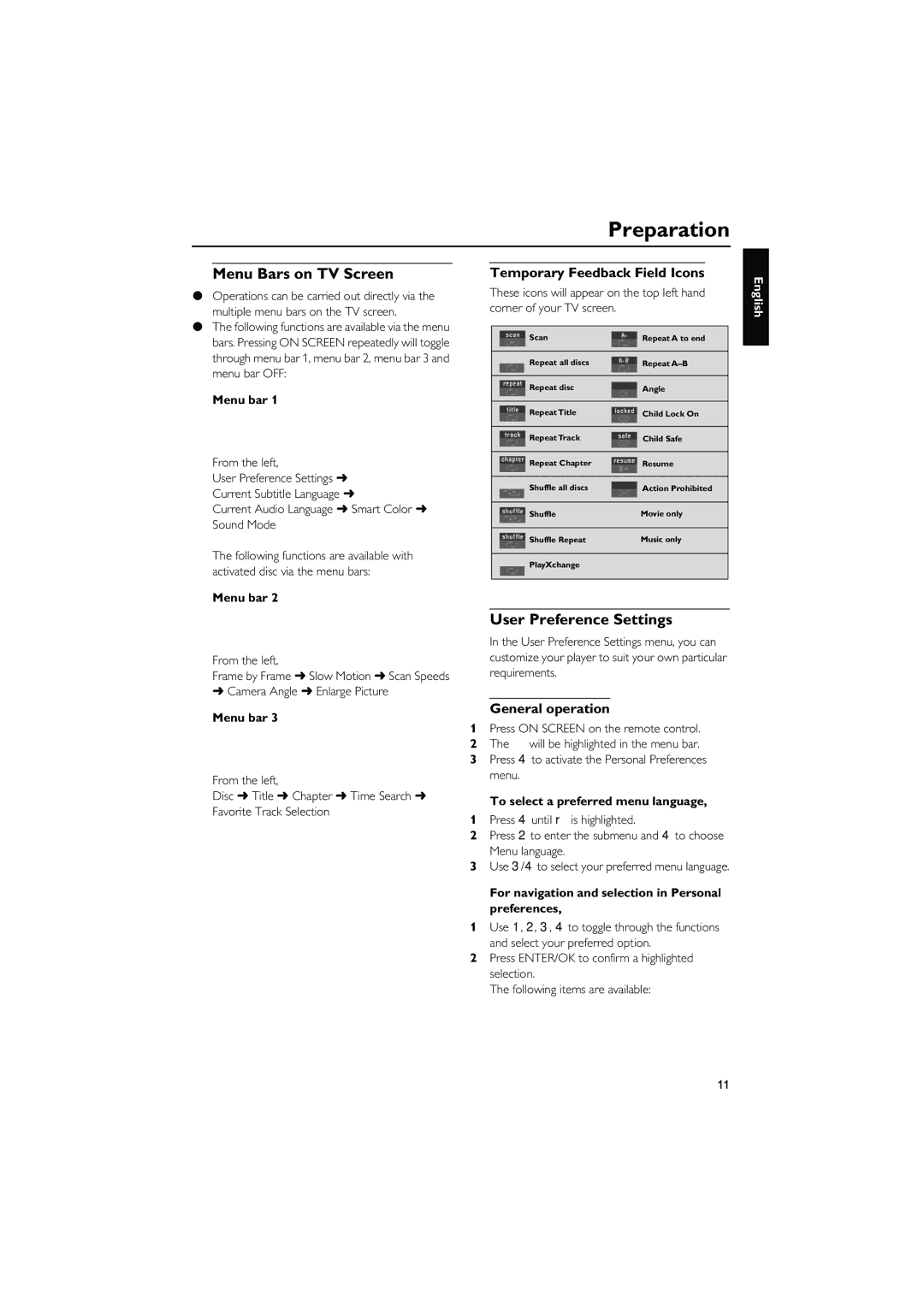 Yamaha DVD-C940 Menu Bars on TV Screen, User Preference Settings, Temporary Feedback Field Icons, General operation 