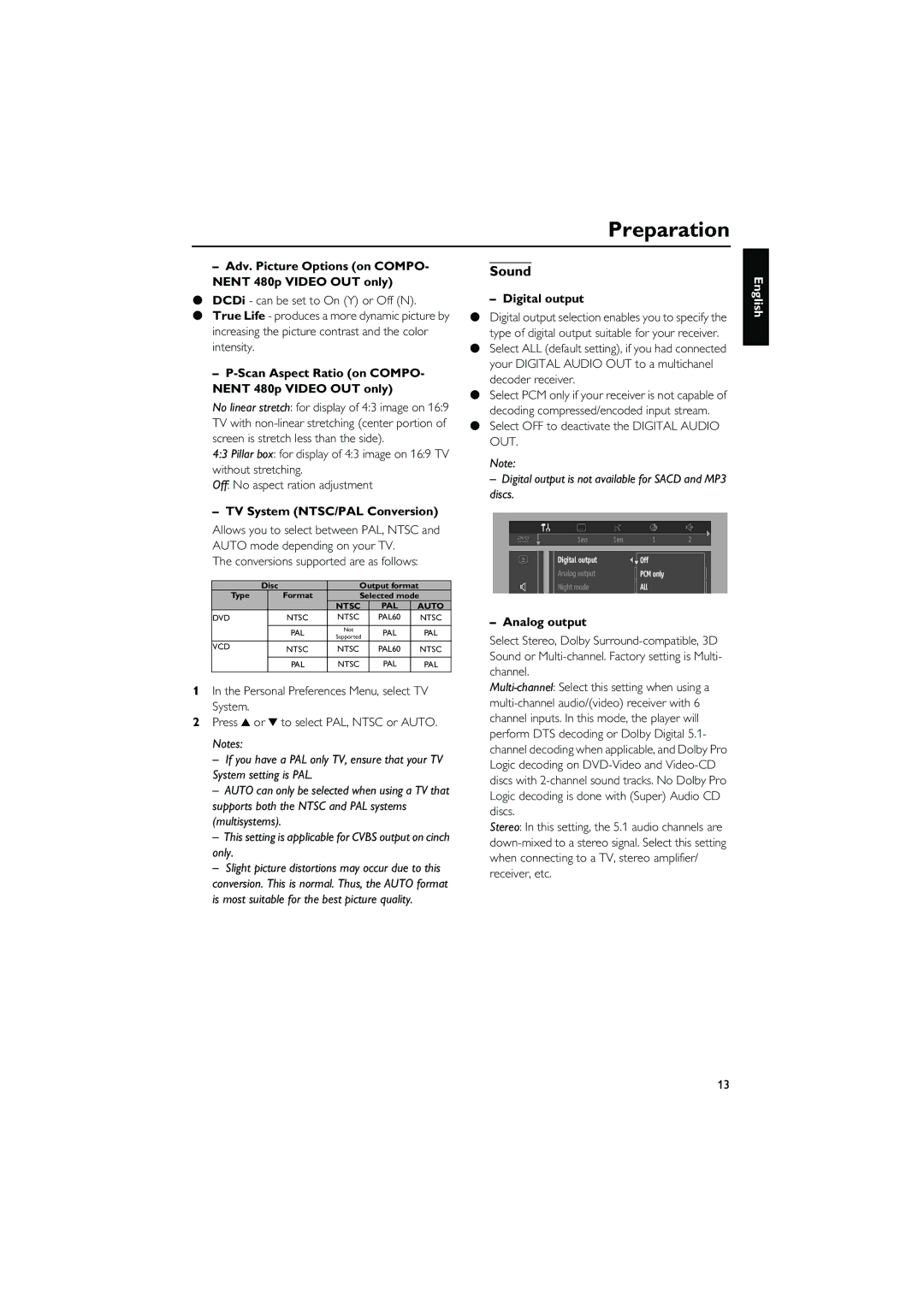 Yamaha DVD-C940 owner manual Sound, TV System NTSC/PAL Conversion, Digital output, Analog output 