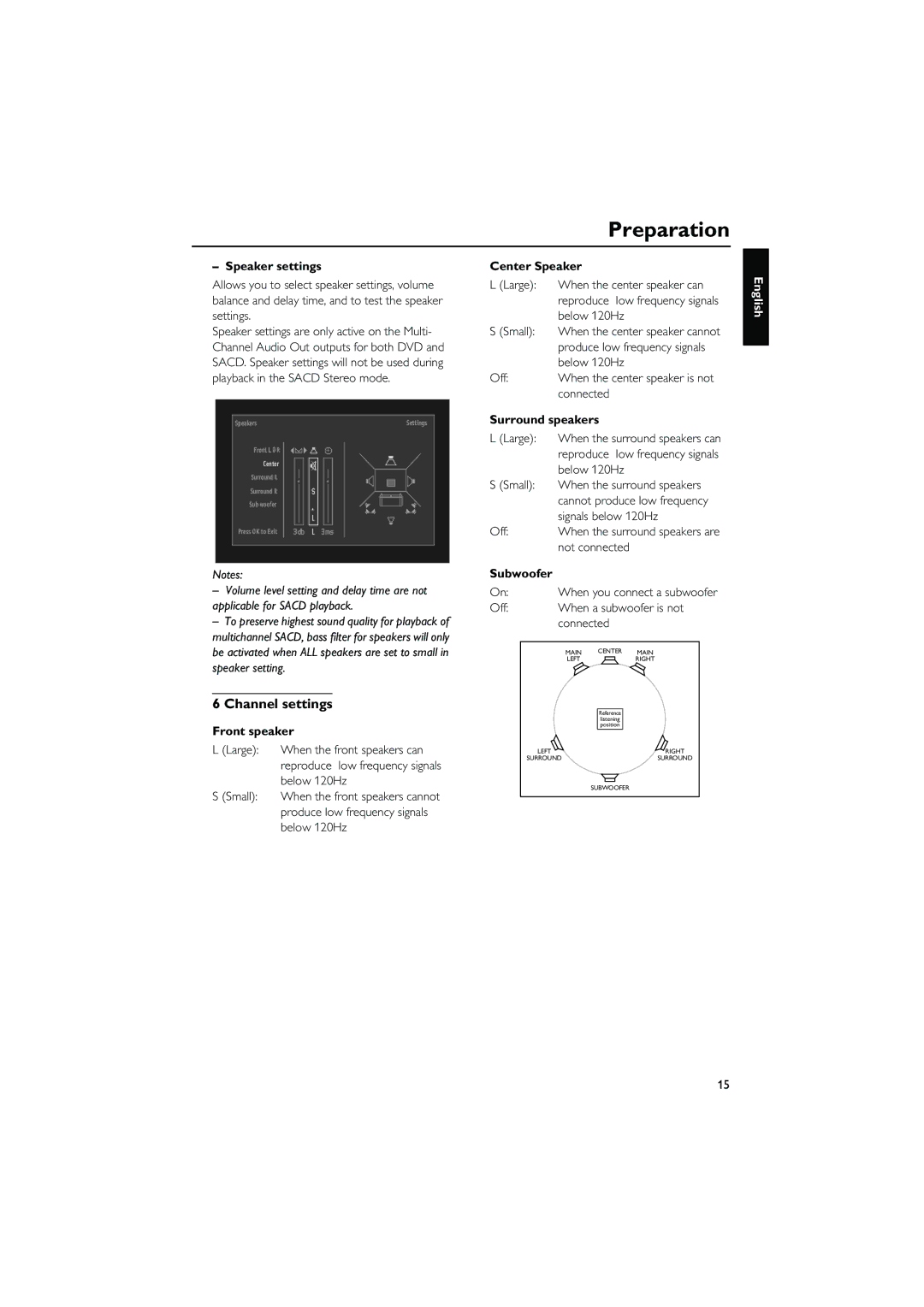 Yamaha DVD-C940 owner manual Speaker settings, Channel settings Front speaker, Center Speaker, Surround speakers 