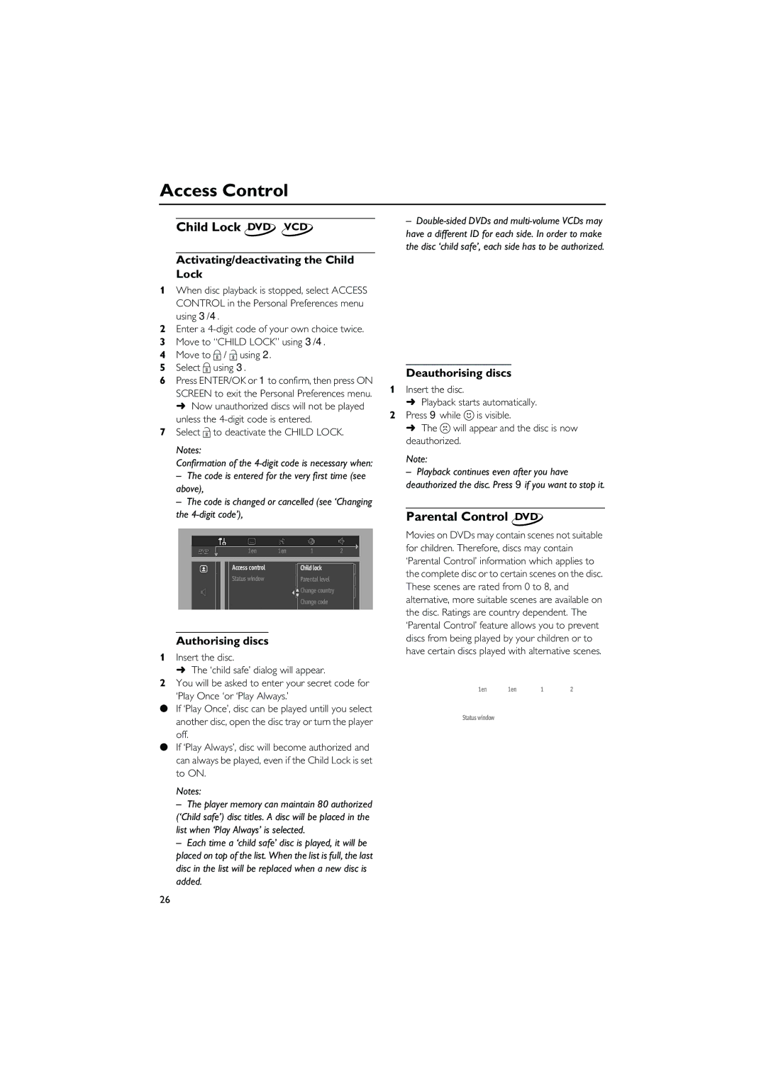 Yamaha DVD-C940 owner manual Access Control, Child Lock DVD VCD, Parental Control DVD 