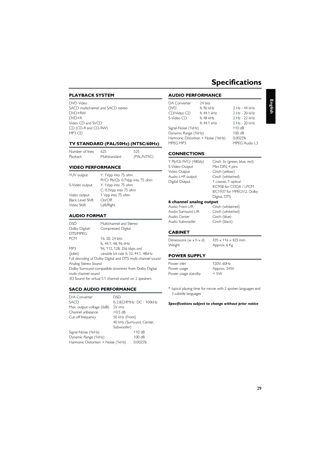 Yamaha DVD-C940 owner manual Specifications 