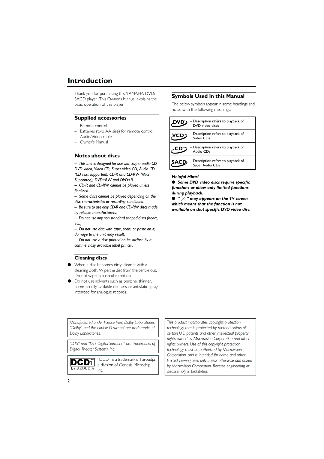 Yamaha DVD-C940 owner manual Introduction, Supplied accessories, Symbols Used in this Manual, Cleaning discs 