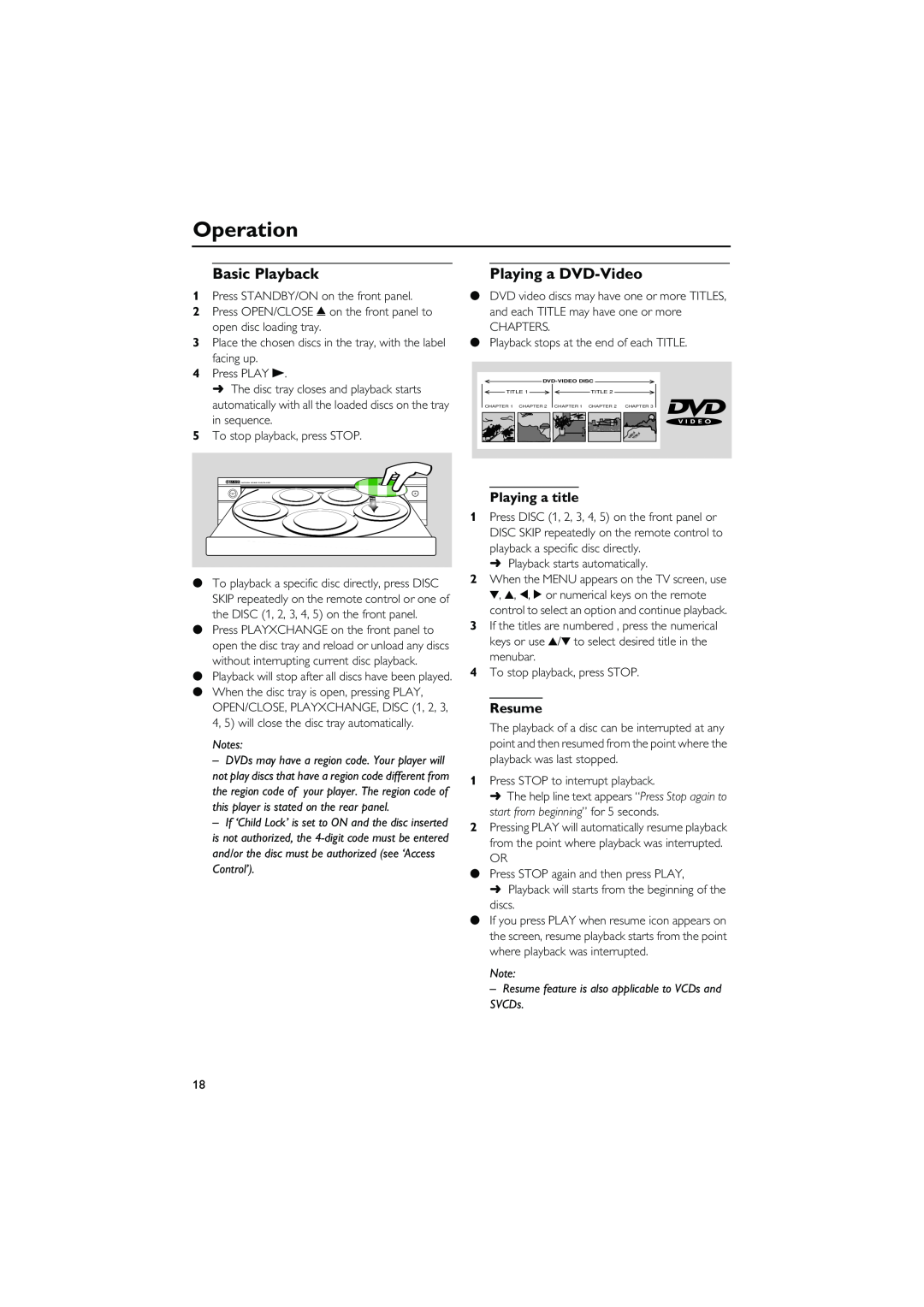 Yamaha DVD-C940 owner manual Operation, Basic Playback, Playing a DVD-Video, Playing a title, Resume 